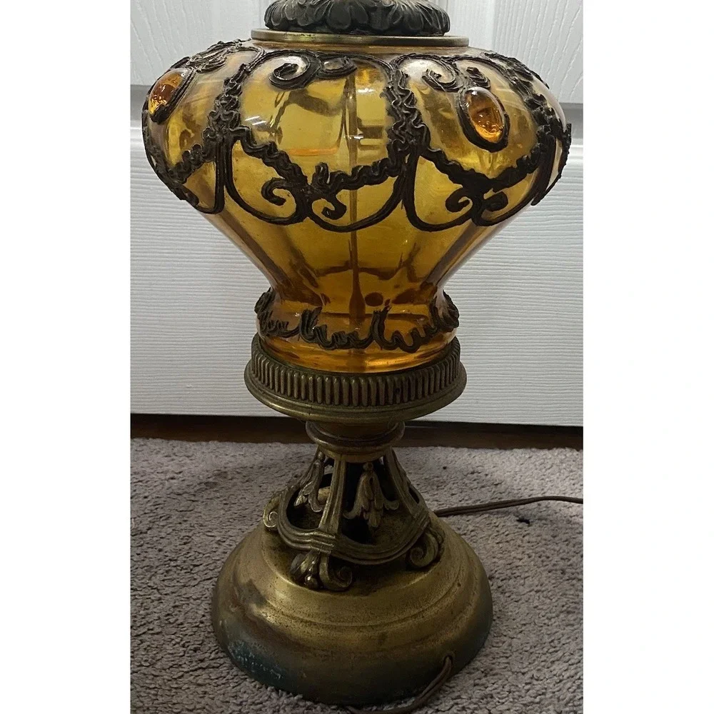 Vintage‎ Amber Glass&Brass Table Lamp Falkenstein Hollywood Regency Jeweled Lamp